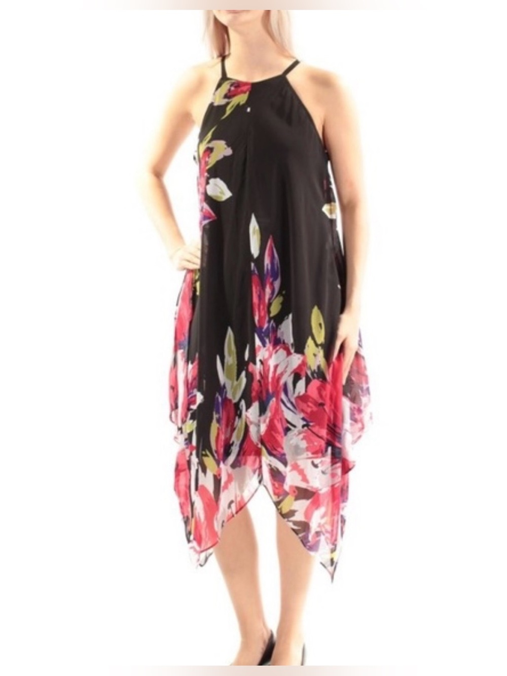 INC International Concepts Dress Black Red Floral Handkerchief Midi Halter 12